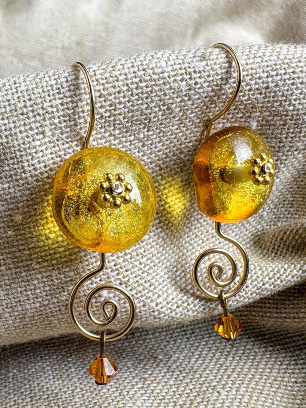 Art Glass Dangle Earrings - Honey Amber Gold Foil Glass - Wire Swirl - Boho